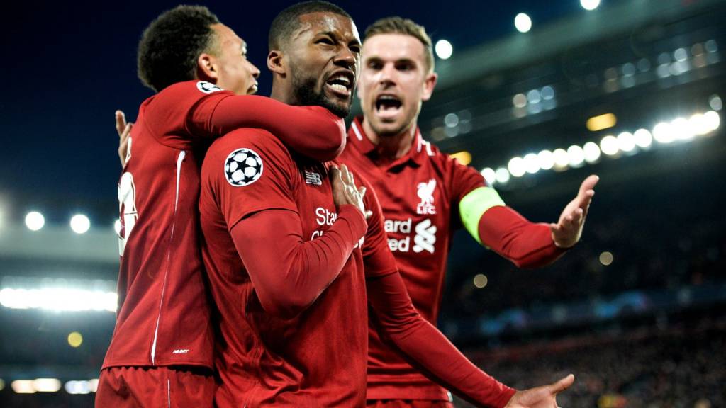 Gigi Wijnaldum celebrates after scoring against Barcelona. Liverpool won 4 - 3 on aggregate - Sportsleo.com