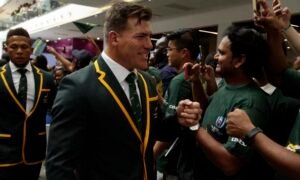 Springboks' Schalk Brits, interests supporters after the naming of 31-man squad in Johannesburg, South Africa, Monday, Aug. 26, 2019. Flanker Siya Kolisi will captain South Africa's Rugby World Cup squad after recovering from an injury that saw him miss the Springboks' victorious Rugby Championship campaign. Kolisi was named in the 31-man squad on Monday as coach Rassie Erasmus sprang no major surprises for the World Cup in Japan starting next month. The Springboks have the toughest possible start to their World Cup campaign when they face two-time defending champion New Zealand in their first game on Sept. 21. (AP Photo/Themba Hadebe) - Sports Leo