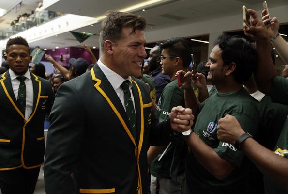 Springboks' Schalk Brits, interests supporters after the naming of 31-man squad in Johannesburg, South Africa, Monday, Aug. 26, 2019. Flanker Siya Kolisi will captain South Africa's Rugby World Cup squad after recovering from an injury that saw him miss the Springboks' victorious Rugby Championship campaign. Kolisi was named in the 31-man squad on Monday as coach Rassie Erasmus sprang no major surprises for the World Cup in Japan starting next month. The Springboks have the toughest possible start to their World Cup campaign when they face two-time defending champion New Zealand in their first game on Sept. 21. (AP Photo/Themba Hadebe) - Sports Leo