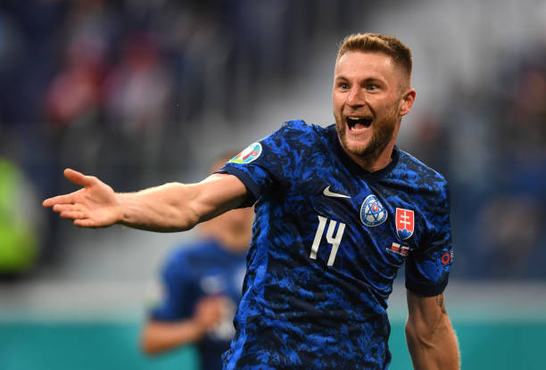 Slovakia and Inter Milan defender Milan Skriniar scores past Poland in UEFA EURO 2020