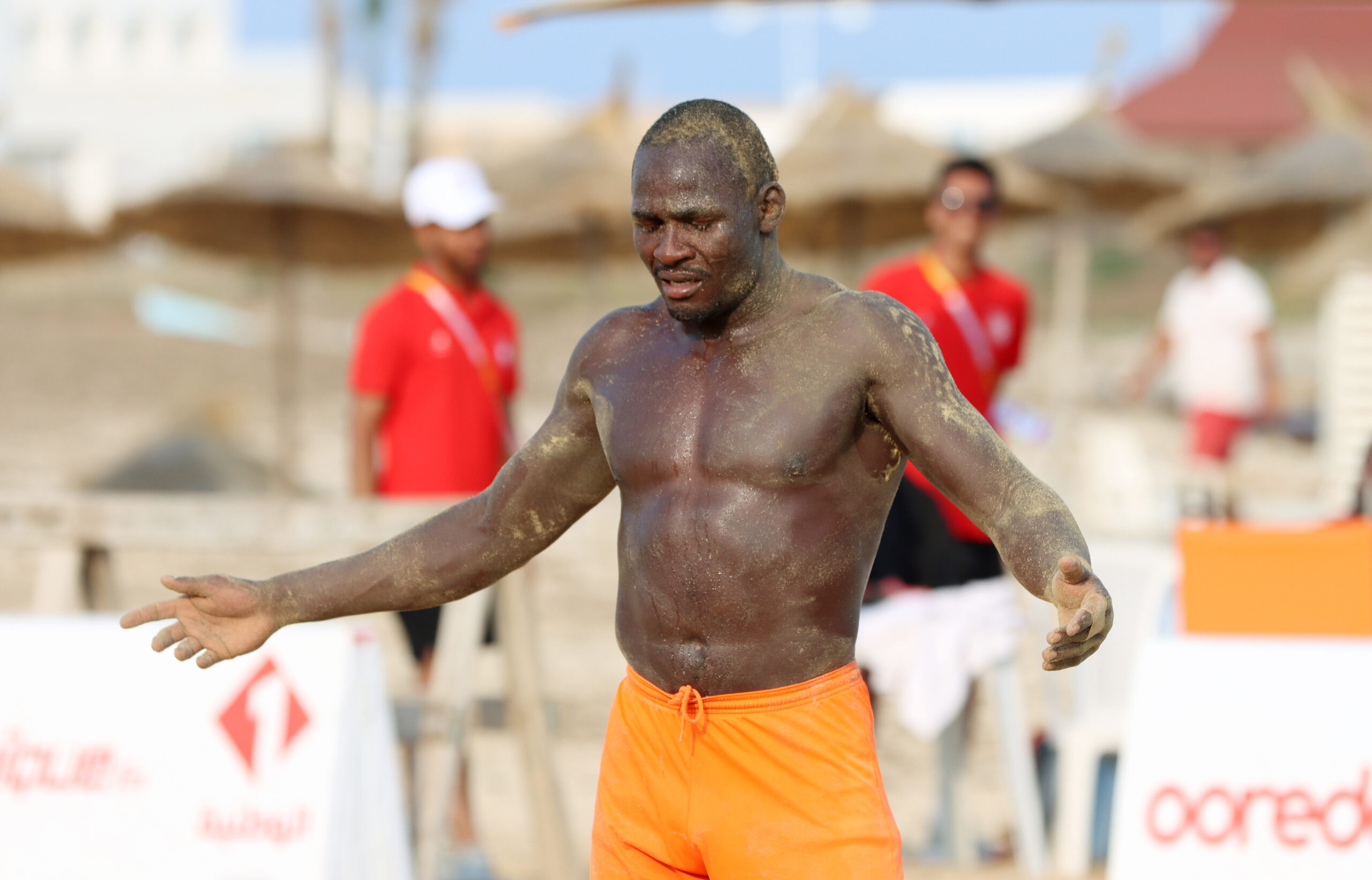 Wrestler Mathayo Mahabila reacts after winning