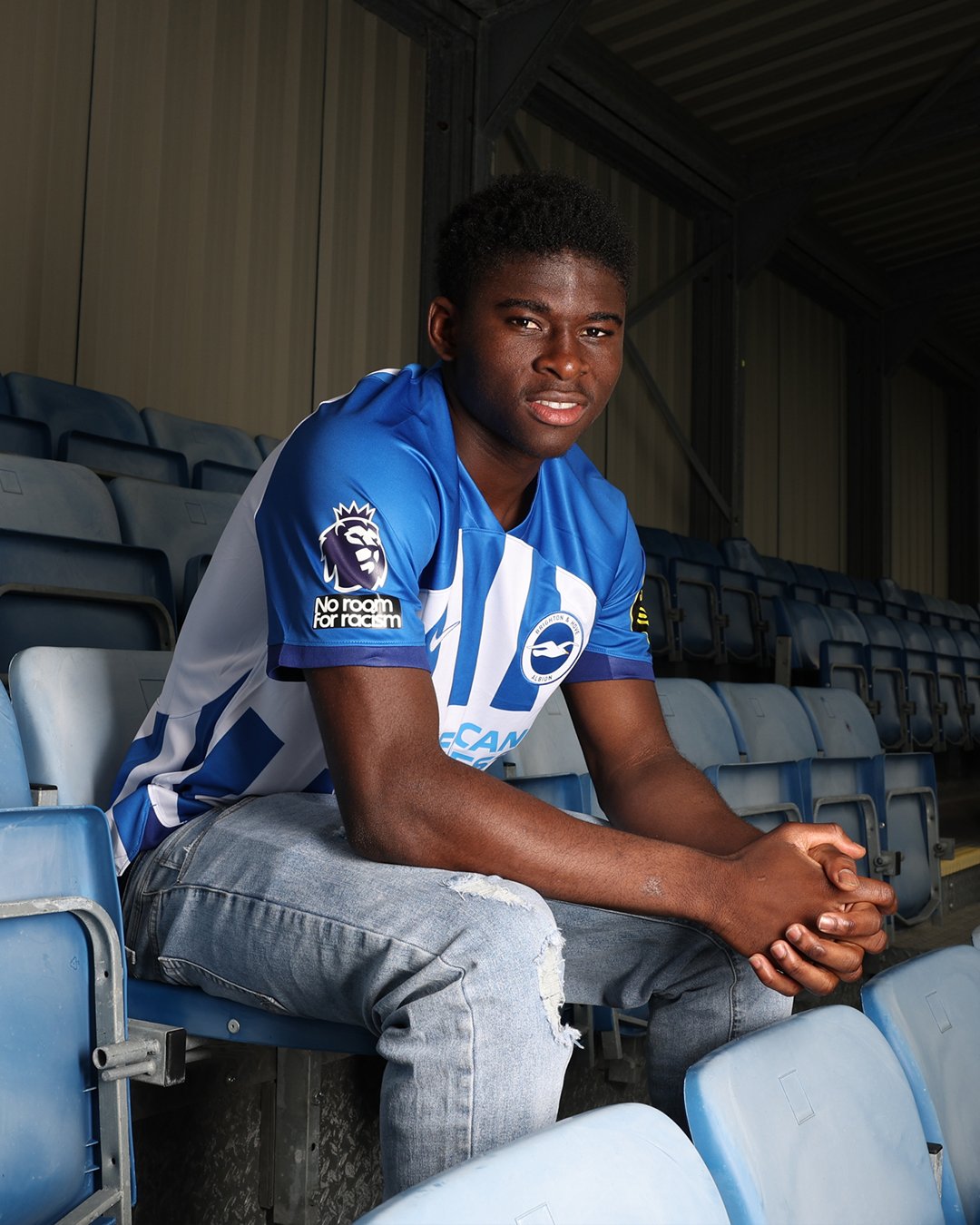Brighton and Hove Albion's new signing Carlos Baleba at their stadium.