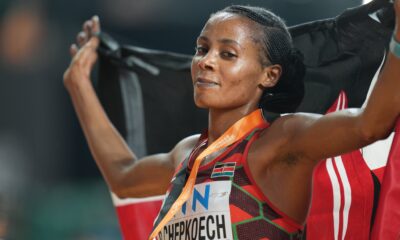 Beatrice Chepkoech celebrates after winning silver at the World Championships. PHOTO/Olympics KE