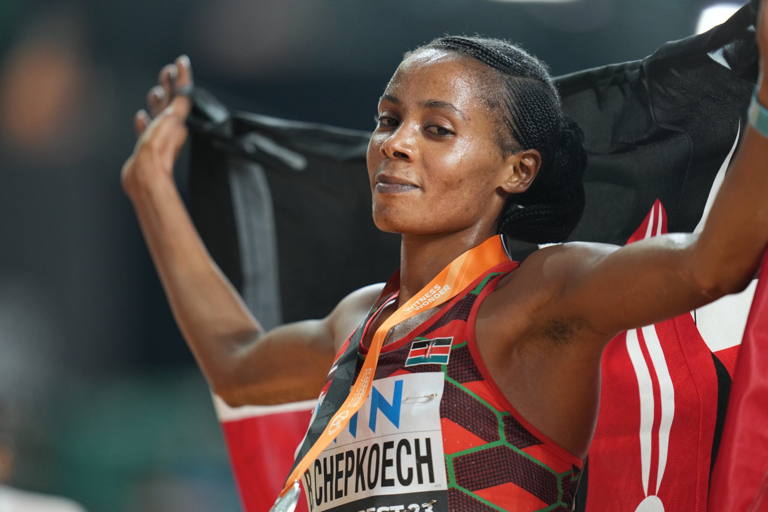 Beatrice Chepkoech celebrates after winning silver at the World Championships. PHOTO/Olympics KE