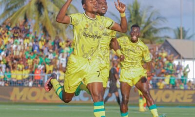 Yanga's Max Nzengeli celebrates one of his two goals against Asas. PHOTO/Yanga