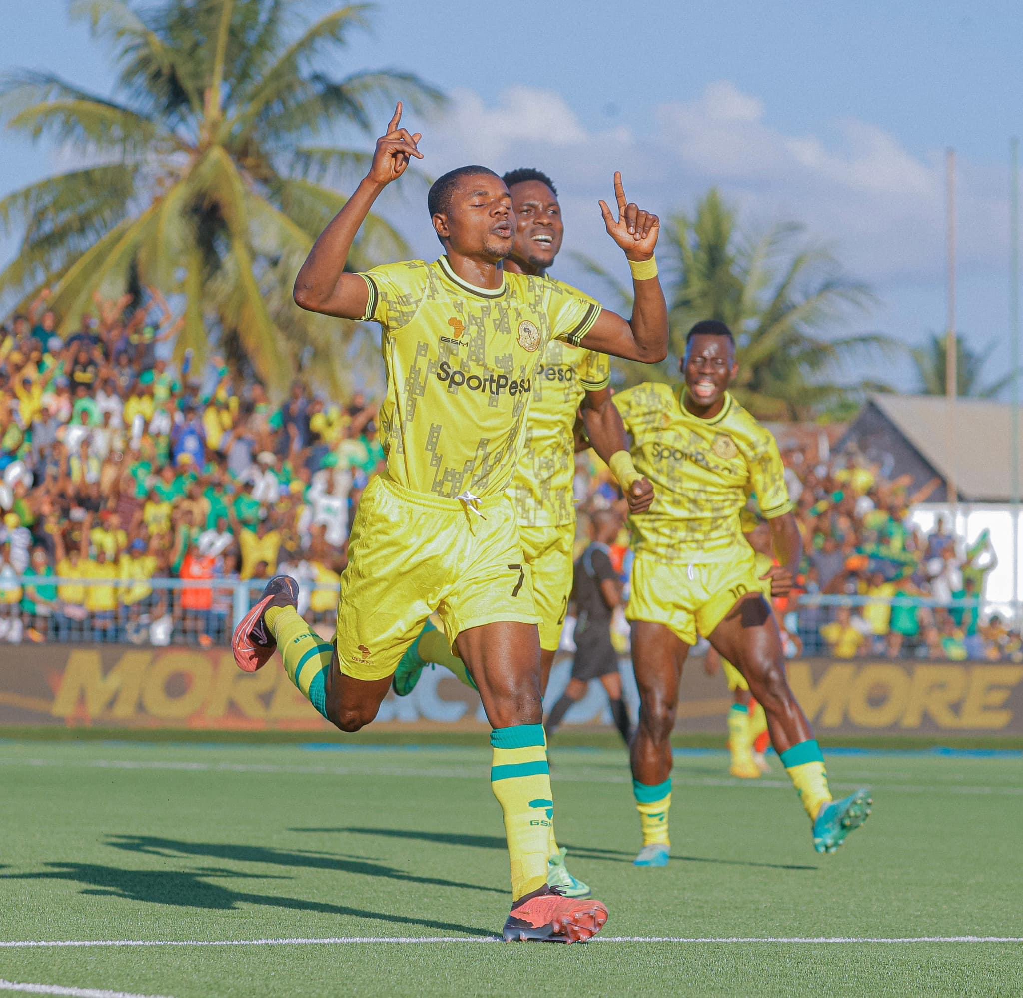 Yanga's Max Nzengeli celebrates one of his two goals against Asas. PHOTO/Yanga