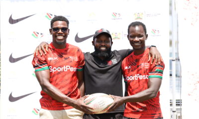 Head coach Kevin Wambua (centre) with captains Vincent Onyala (left) and Tony Omondi (right)