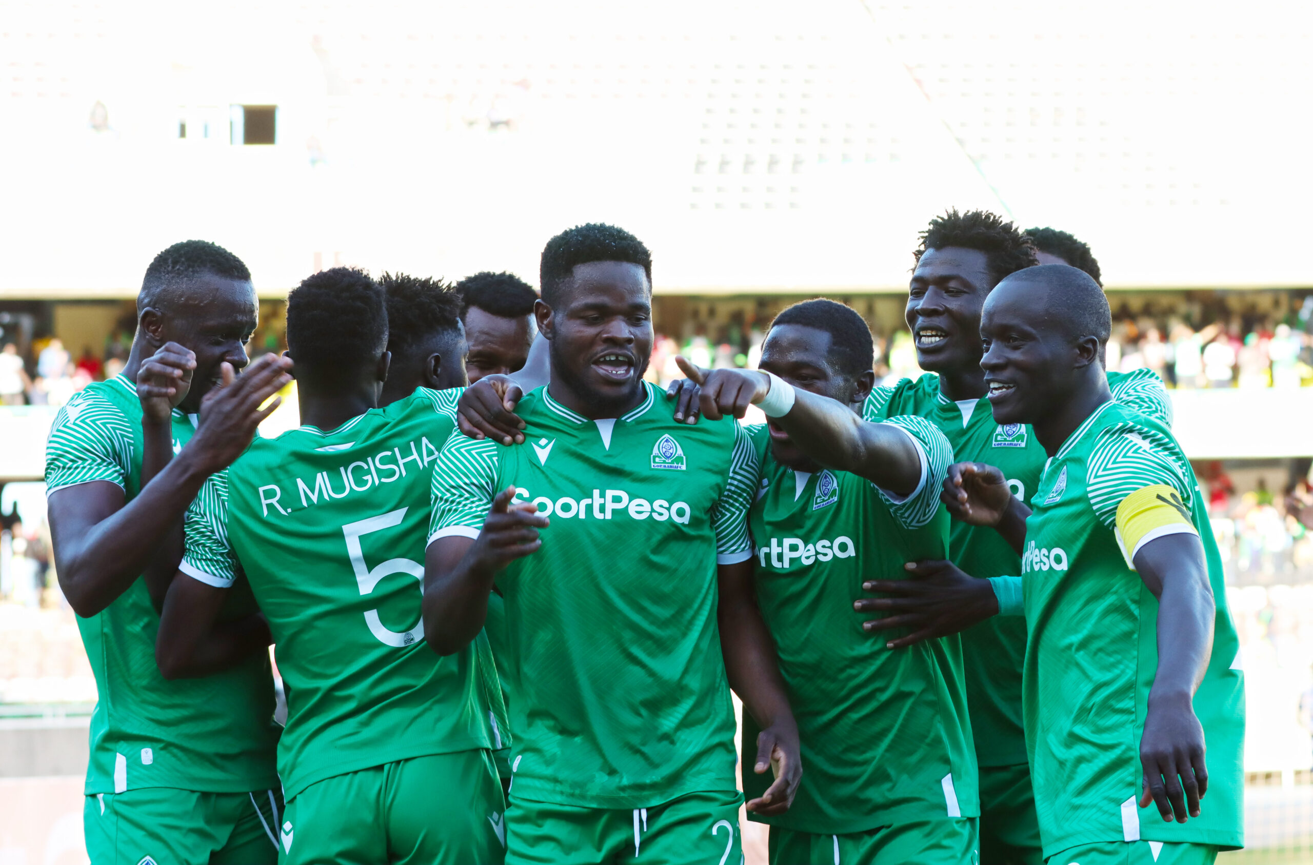 Benson Omalla is joined by his teammates in celebrating his brace against AFC Leopards