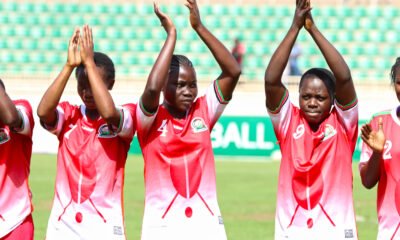 The Rising Starlets applaud the fans during the first leg match in Nairobi.