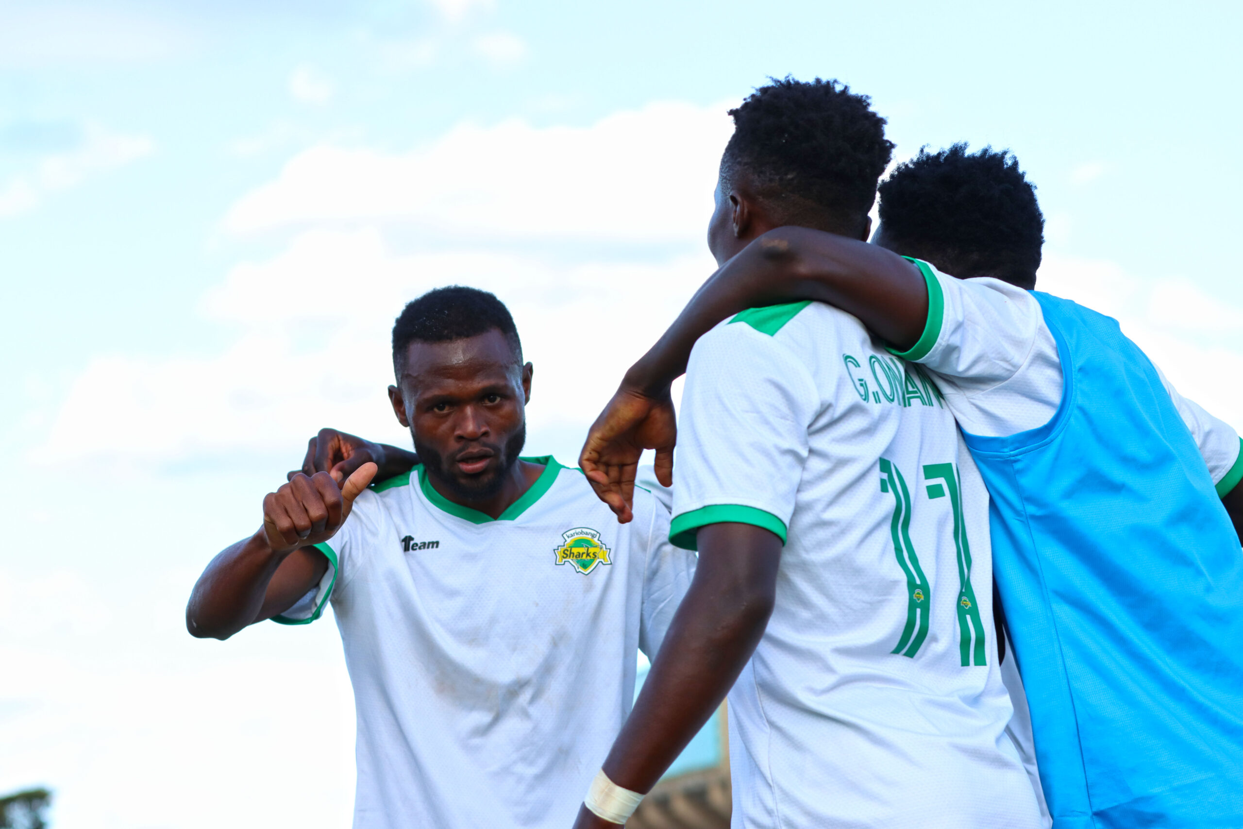 Kariobangi Sharks players celebrate Julius Masaba's goal