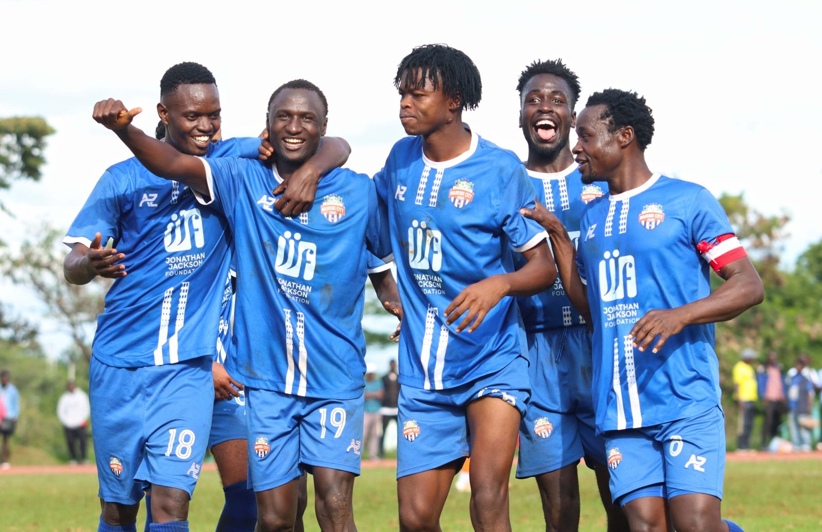 Nairobi City Stars players celebrate their win over Kariobangi Sharks
