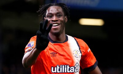 Adebayp celebrates his hat trick against Brighton Photo SkySports