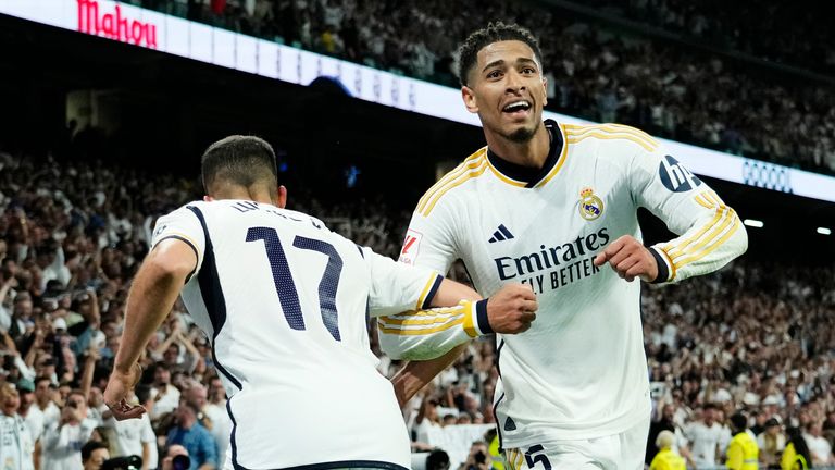 Jude Bellingham celebrates his stoppage time winner in the El Clasico.