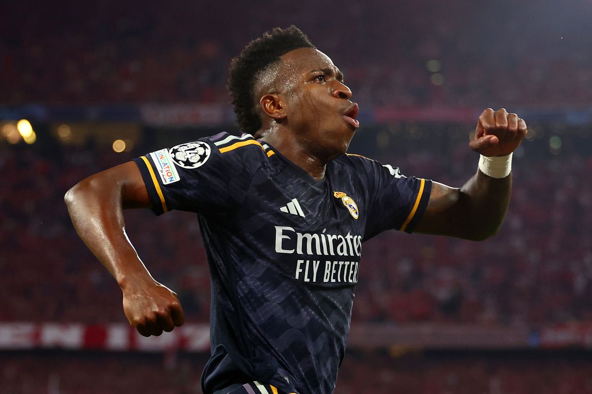 Vinicius Junior celebrates against Bayern Munich.