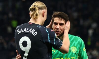 Erling Haaland congratulates Stefan Ortega for the crucial save against Son to ensure Man City win against Spurs Photo BBC